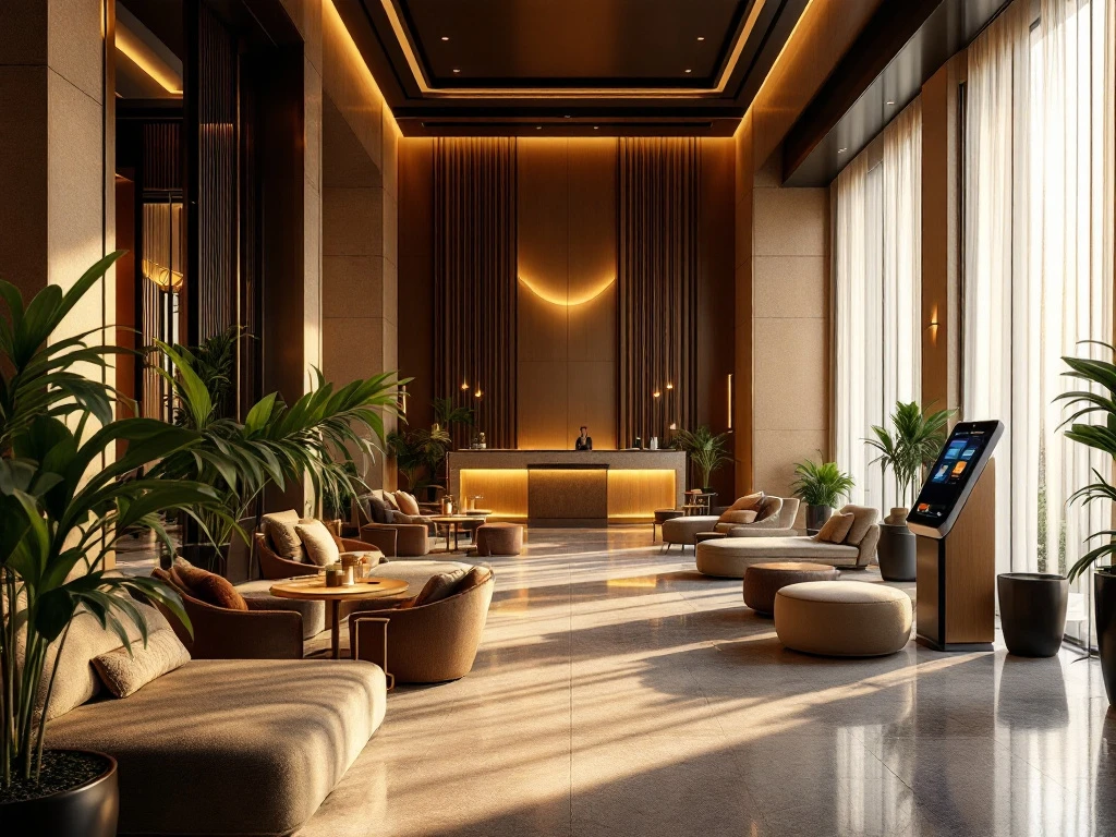 Luxe hotel lobby met warme verlichting, moderne inrichting, digitale check-in, grote ramen, groen en een conciërgebalie voor optimale gastvrijheid.