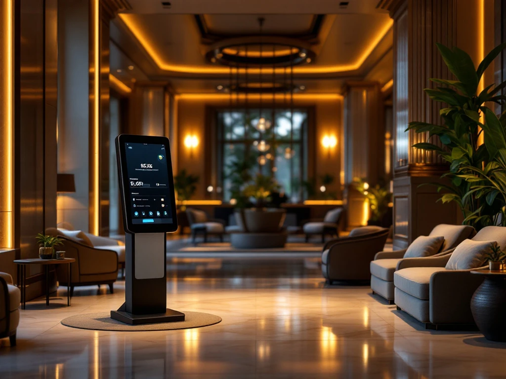 Moderne hotel lobby met digitaal kiosk, comfortabele zitplaatsen, groene planten en warme verlichting, belichaming van BetterStays' gastvrijheid.