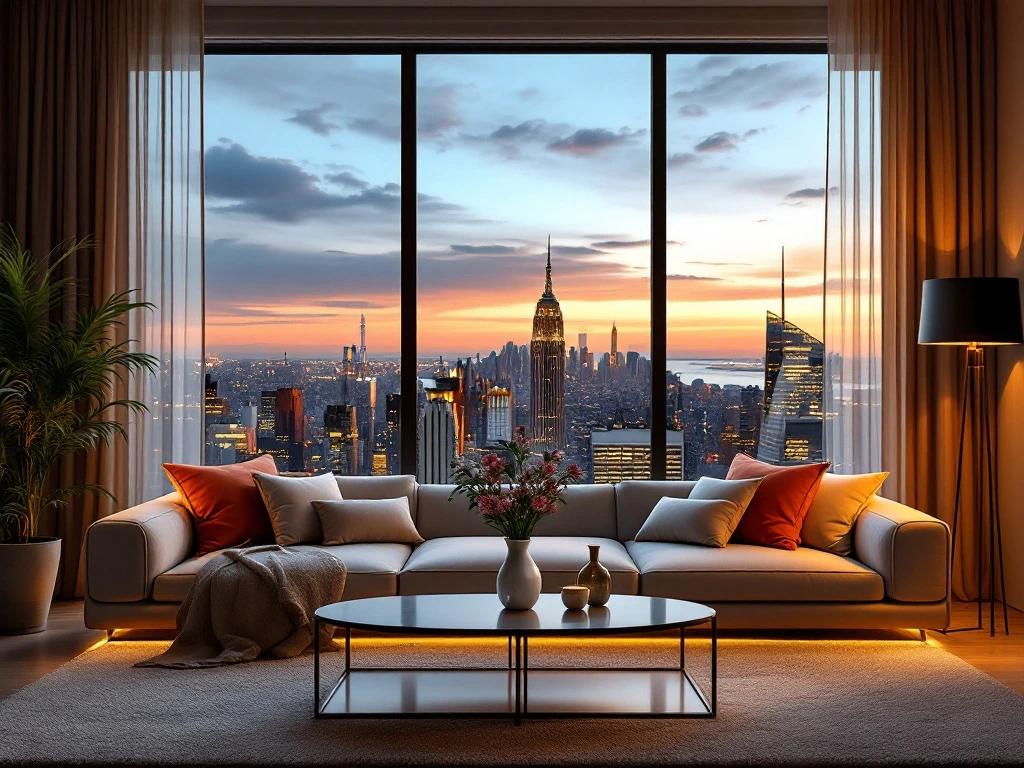 Luxe Airbnb-interieur met moderne bank, sfeerverlichting, skyline-zicht, bloemen op tafel; weerspiegelt comfort en exclusiviteit.