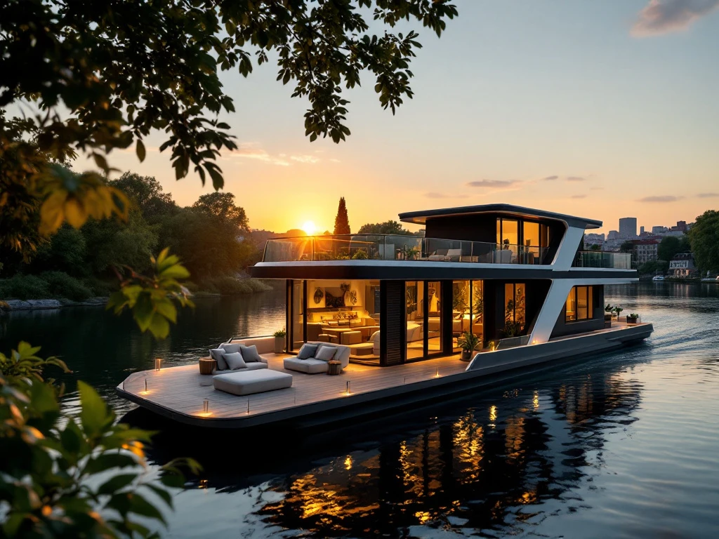 Een luxe woonboot drijft op een rustige kanaal, omgeven door groen en stadssilhouet, met sfeervol licht en comfortabele zitplekken.