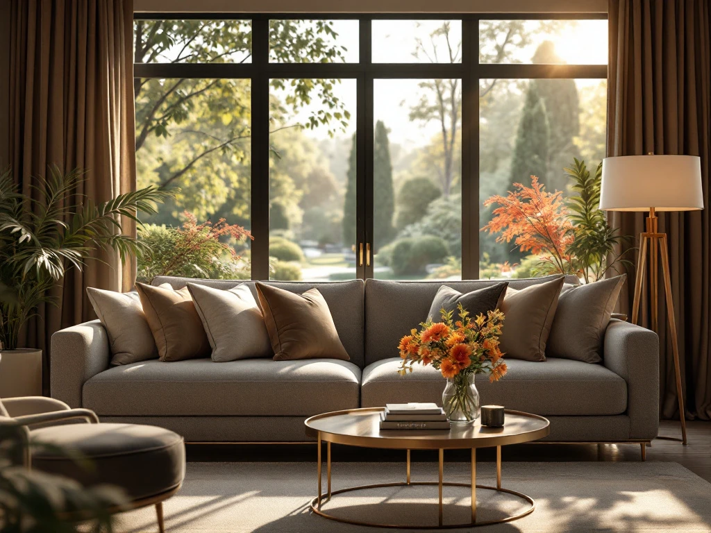 Een elegante, moderne woonkamer met een luxe bank, bloemen op de salontafel en een uitzicht op een zonnige tuin, straalt rust uit.