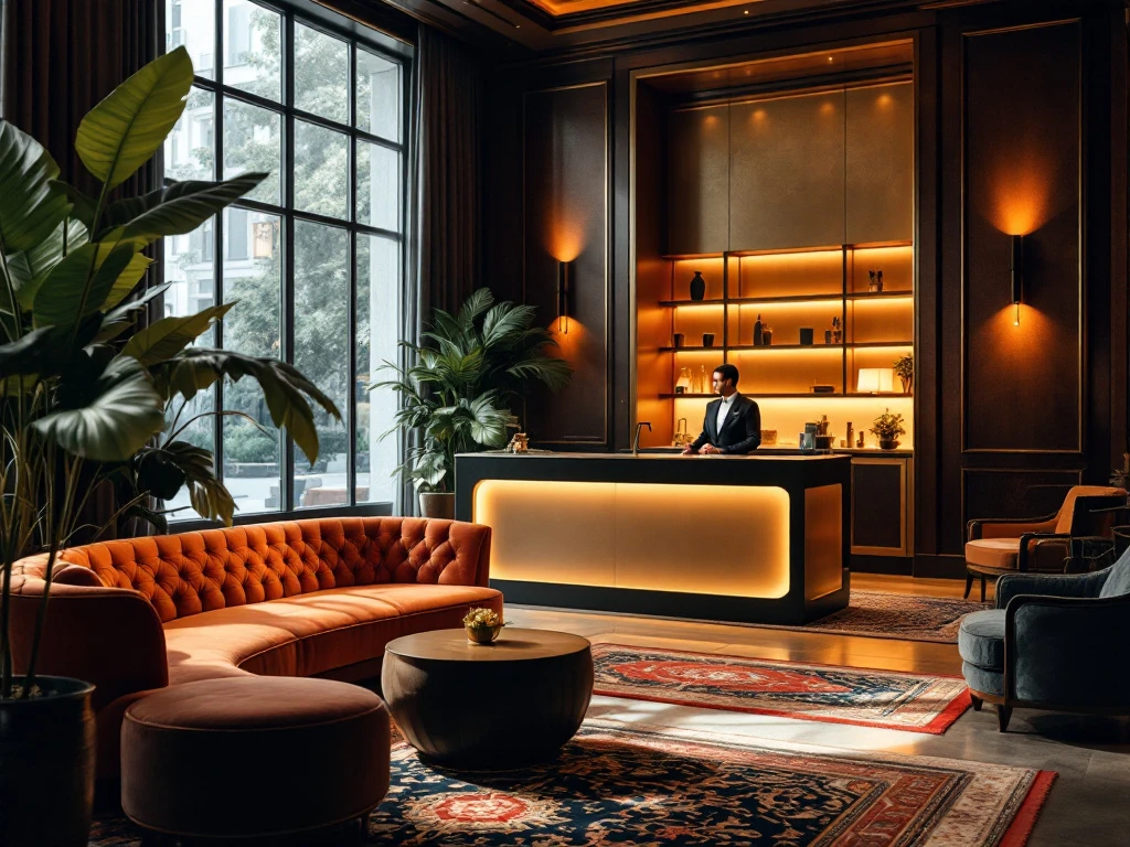 Luxe hotel lobby met warme verlichting, velvet banken, moderne balie en groen. Gastvrij personeel benadrukt klantgerichtheid.