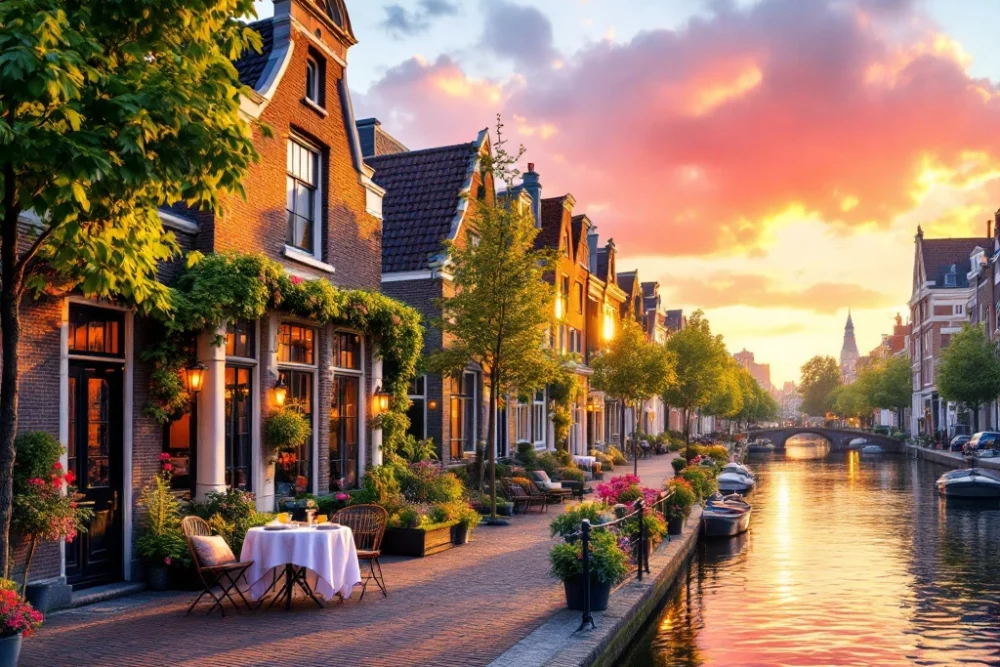 Amsterdamse gracht bij zonsopgang met een elegant grachtenpand, patio voor ontbijt, en weerspiegeling van de kleurrijke lucht in het water.