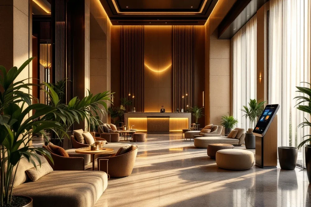 Luxe hotel lobby met warme verlichting, moderne inrichting, digitale check-in, grote ramen, groen en een conciërgebalie voor optimale gastvrijheid.