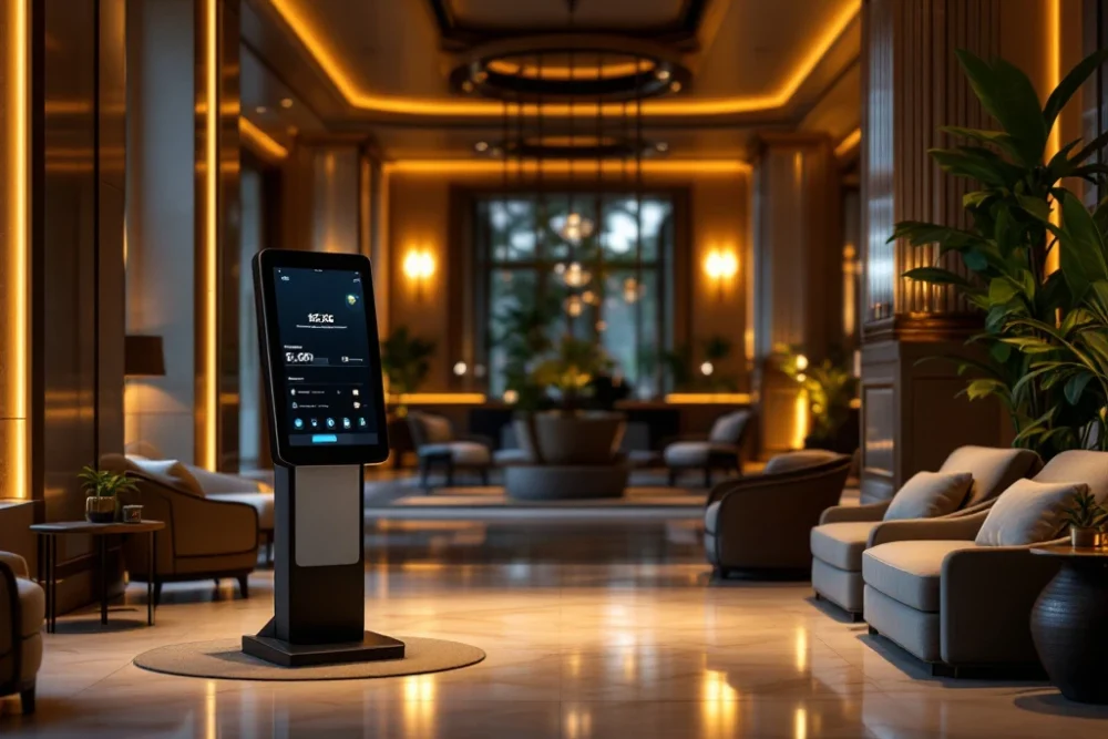 Moderne hotel lobby met digitaal kiosk, comfortabele zitplaatsen, groene planten en warme verlichting, belichaming van BetterStays' gastvrijheid.