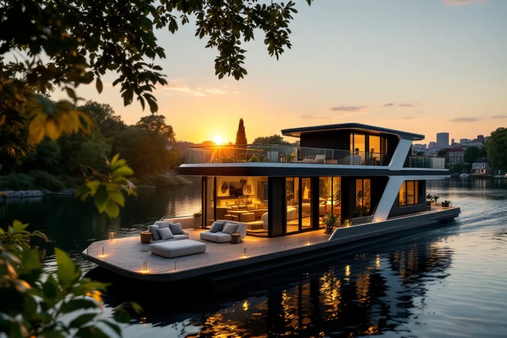 Een luxe woonboot drijft op een rustige kanaal, omgeven door groen en stadssilhouet, met sfeervol licht en comfortabele zitplekken.