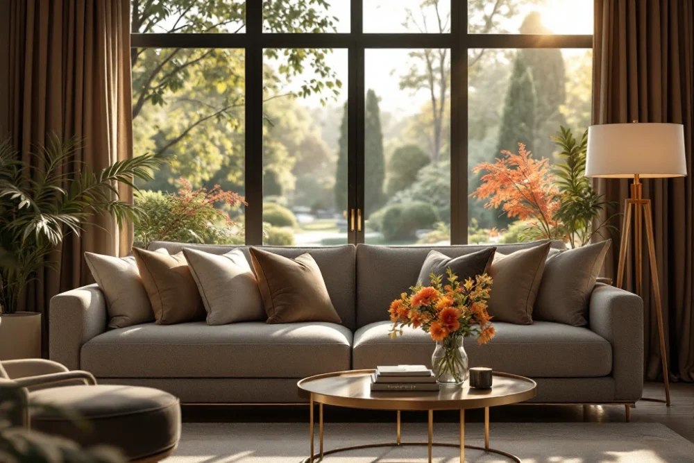 Een elegante, moderne woonkamer met een luxe bank, bloemen op de salontafel en een uitzicht op een zonnige tuin, straalt rust uit.