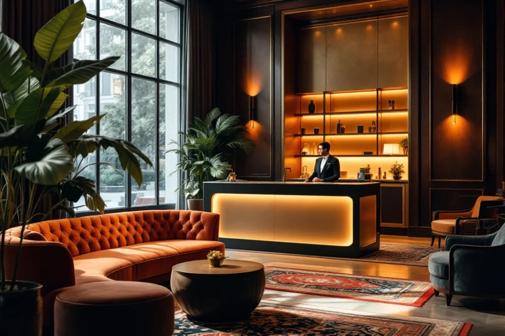 Luxe hotel lobby met warme verlichting, velvet banken, moderne balie en groen. Gastvrij personeel benadrukt klantgerichtheid.